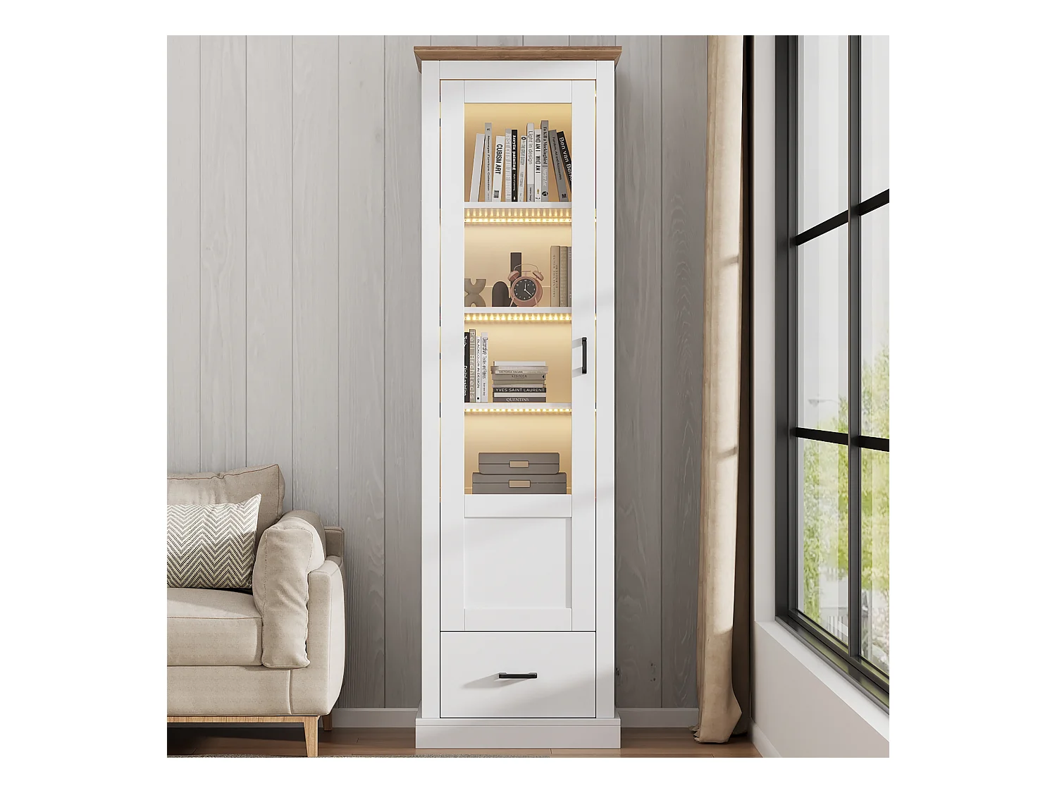 Vitrinekast met 1 glazen deur en 1 lade - 50 x 35 x 178 cm - LED - Spaanplaat en glas - Wit