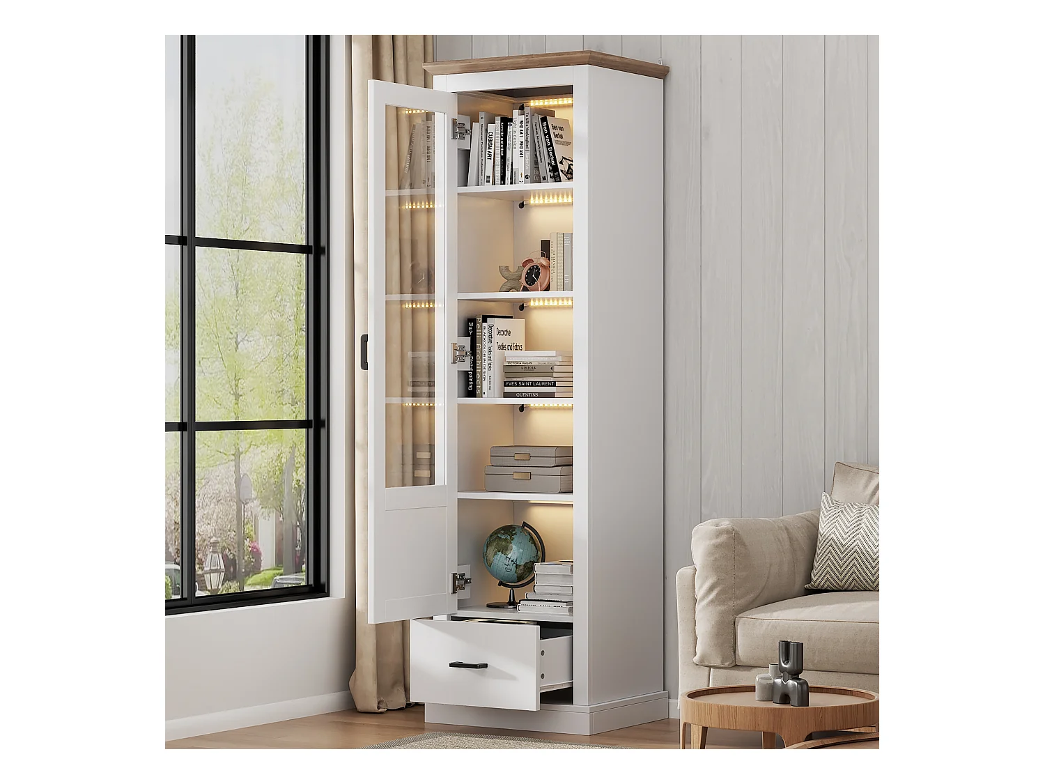 Vitrinekast met 1 glazen deur en 1 lade - 50 x 35 x 178 cm - LED - Spaanplaat en glas - Wit