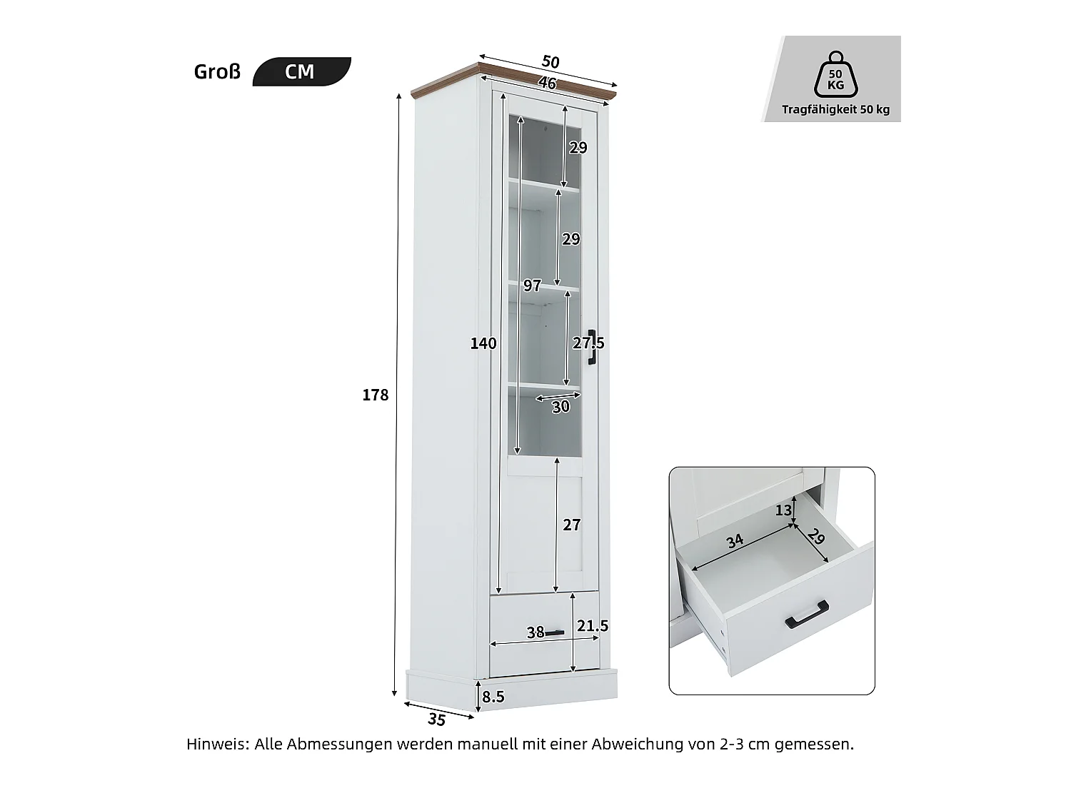 Vitrinekast met 1 glazen deur en 1 lade - 50 x 35 x 178 cm - LED - Spaanplaat en glas - Wit
