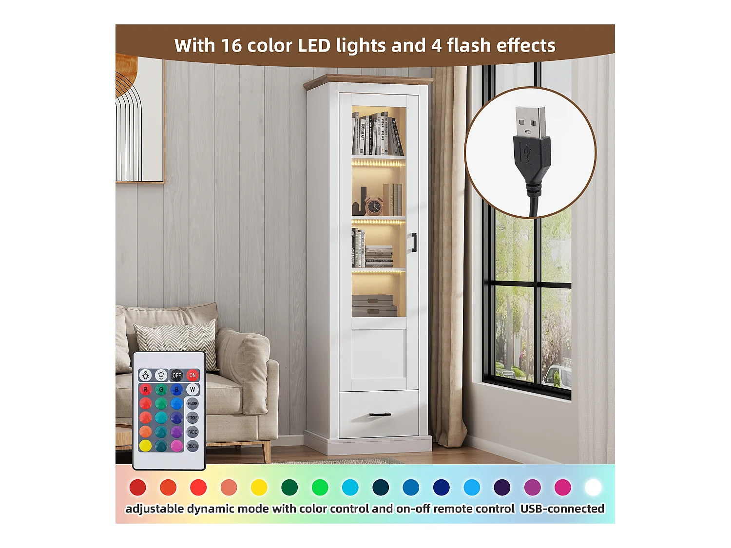 Vitrinekast met 1 glazen deur en 1 lade - 50 x 35 x 178 cm - LED - Spaanplaat en glas - Wit