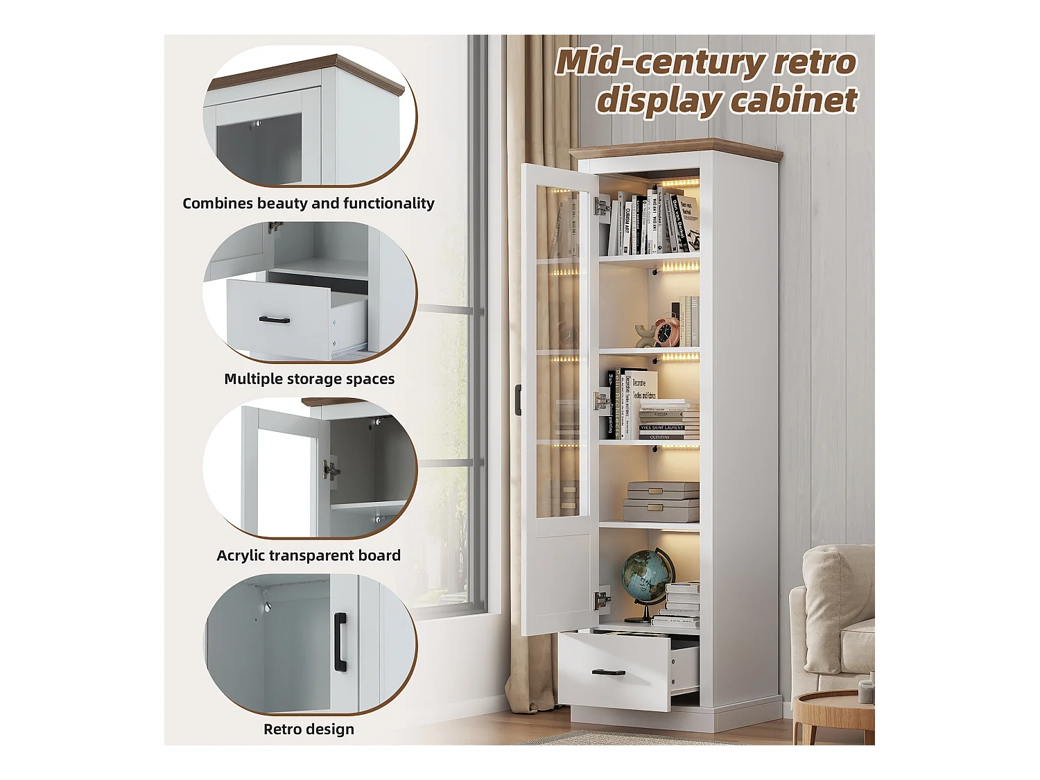 Vitrinekast met 1 glazen deur en 1 lade - 50 x 35 x 178 cm - LED - Spaanplaat en glas - Wit