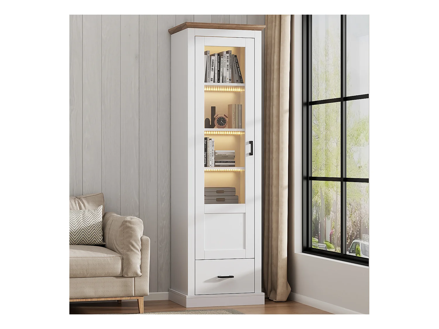Vitrine avec 1 porte en verre et 1 tiroir - 50 x 35 x 178 cm - LEDs - Panneau de particules et verre - Blanc