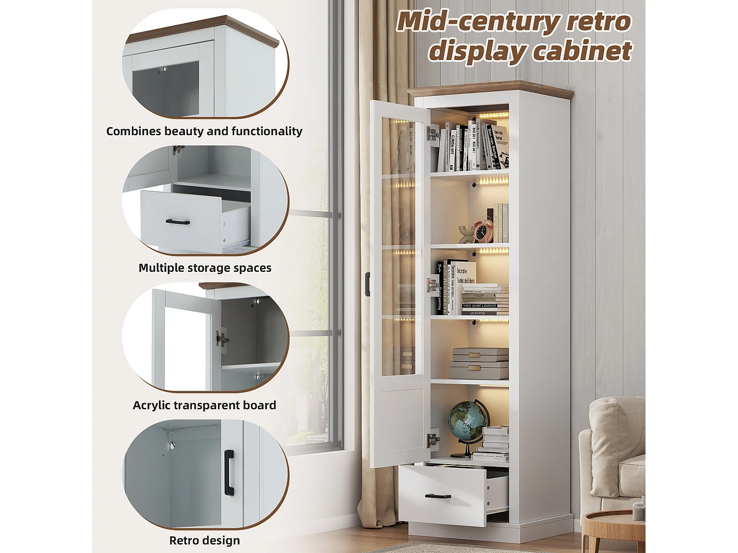 Vitrine avec 1 porte en verre et 1 tiroir - 50 x 35 x 178 cm - LEDs - Panneau de particules et verre - Blanc