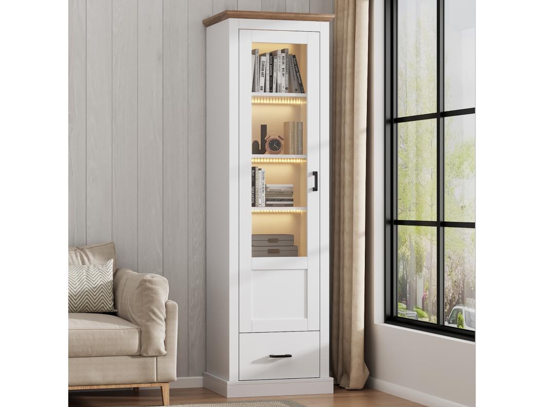 Vitrina con 1 puerta de cristal y 1 cajón - 50 x 35 x 178 cm - LEDs - Tablero de partículas y cristal - Blanco