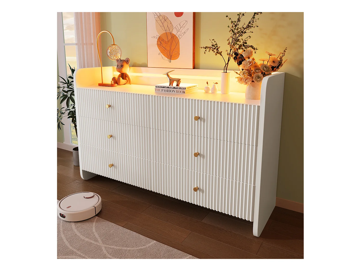 Commode avec 6 tiroirs - 120 x 40 x 75 cm - LEDs - Design ondulé - Panneau de particules - pour salon et chambre - Blanc