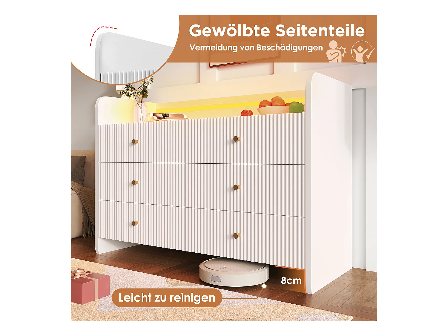 Ladekast met 6 laden - 120 x 40 x 75 cm - LED's - Golvend design - Spaanplaat - voor woonkamer en slaapkamer - Wit