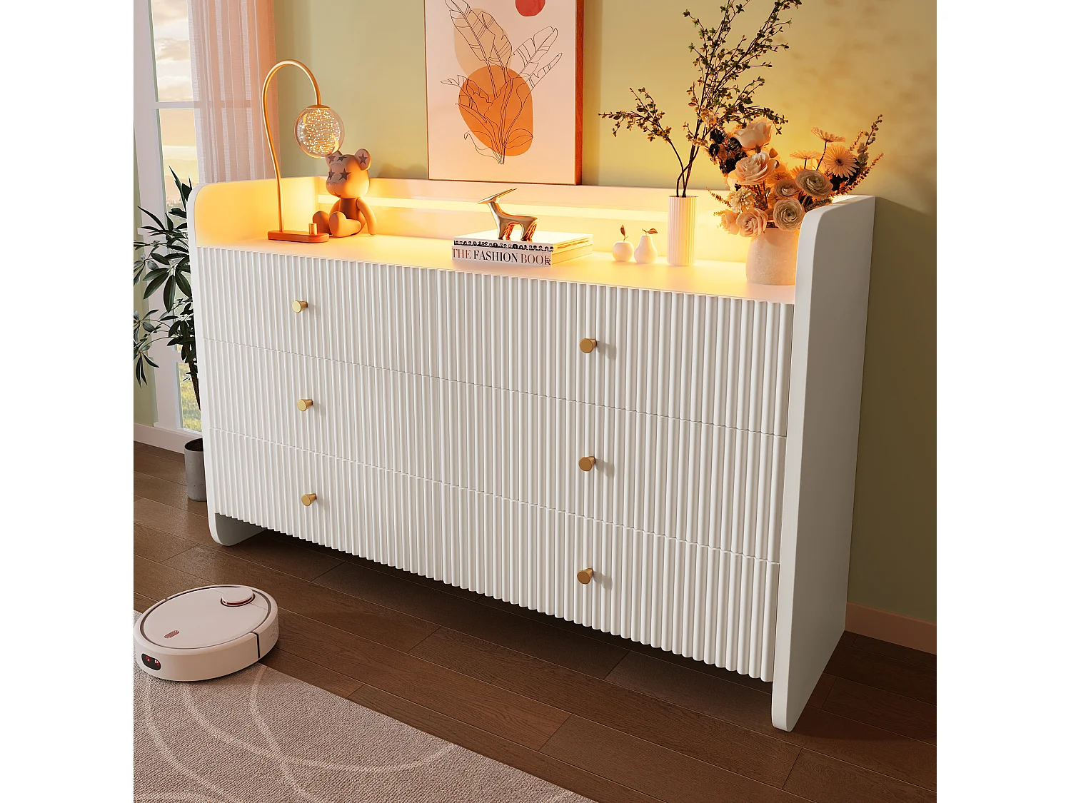 Commode avec 6 tiroirs - 120 x 40 x 75 cm - LEDs - Design ondulé - Panneau de particules - pour salon et chambre - Blanc