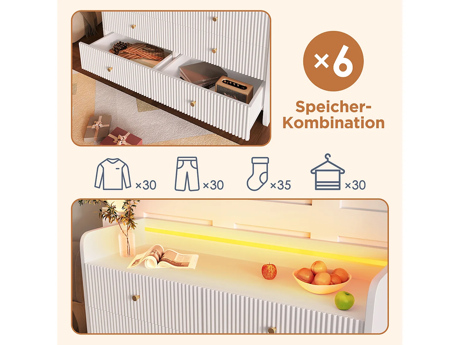 Commode avec 6 tiroirs - 120 x 40 x 75 cm - LEDs - Design ondulé - Panneau de particules - pour salon et chambre - Blanc