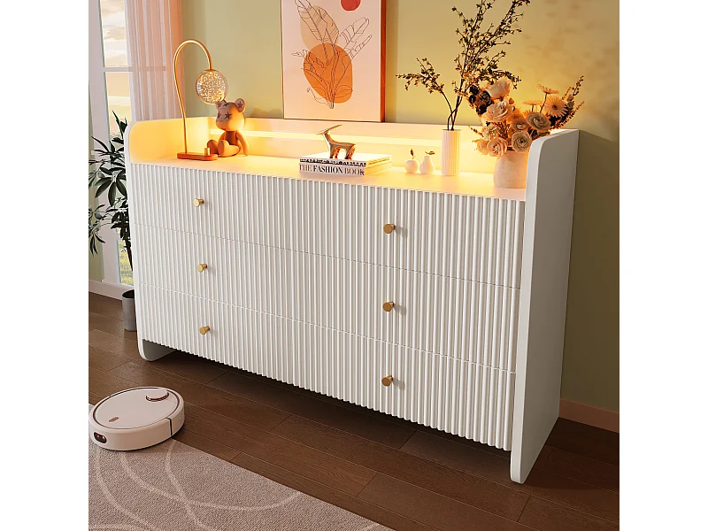 Commode avec 6 tiroirs - 120 x 40 x 75 cm - LEDs - Design ondulé - Panneau de particules - pour salon et chambre - Blanc