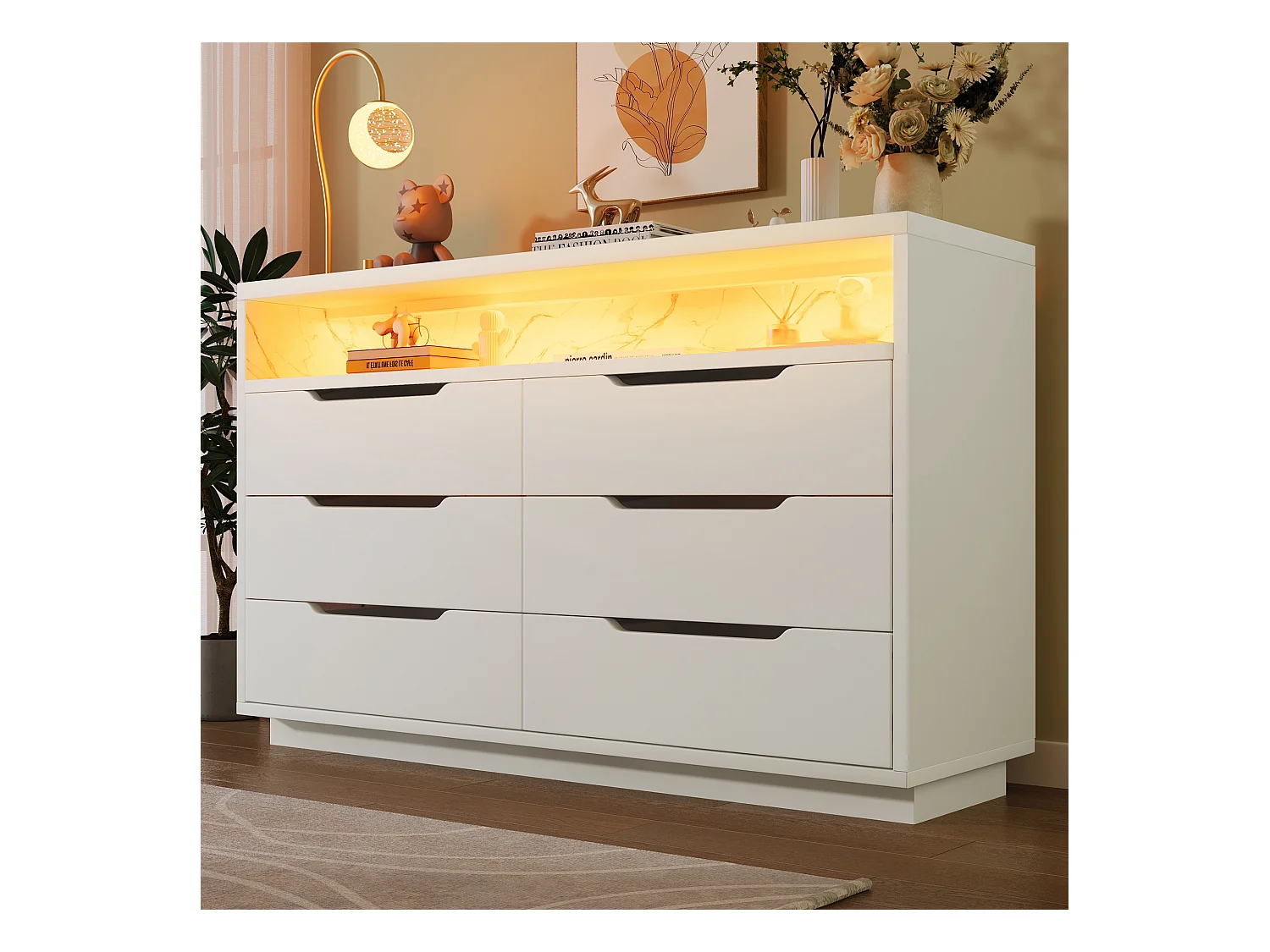 Commode avec 6 tiroirs - 120 x 40 x 85 cm - LEDs - Panneau de particules - pour salon et chambre - Blanc