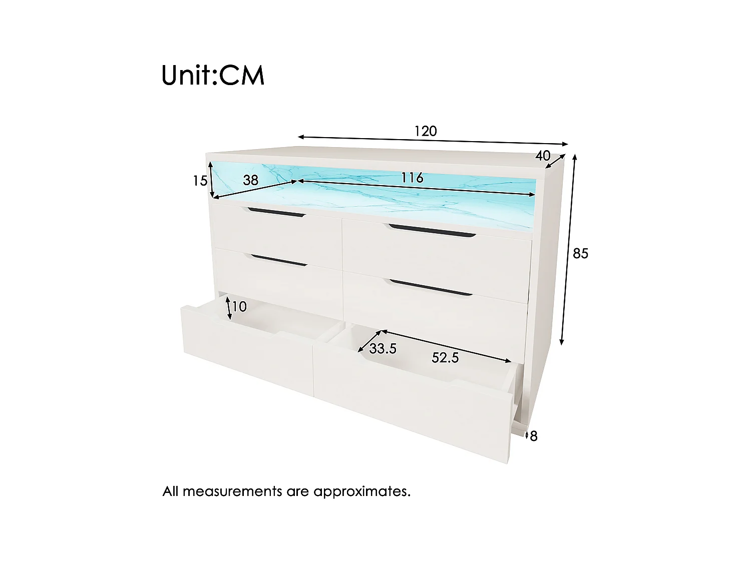Commode avec 6 tiroirs - 120 x 40 x 85 cm - LEDs - Panneau de particules - pour salon et chambre - Blanc