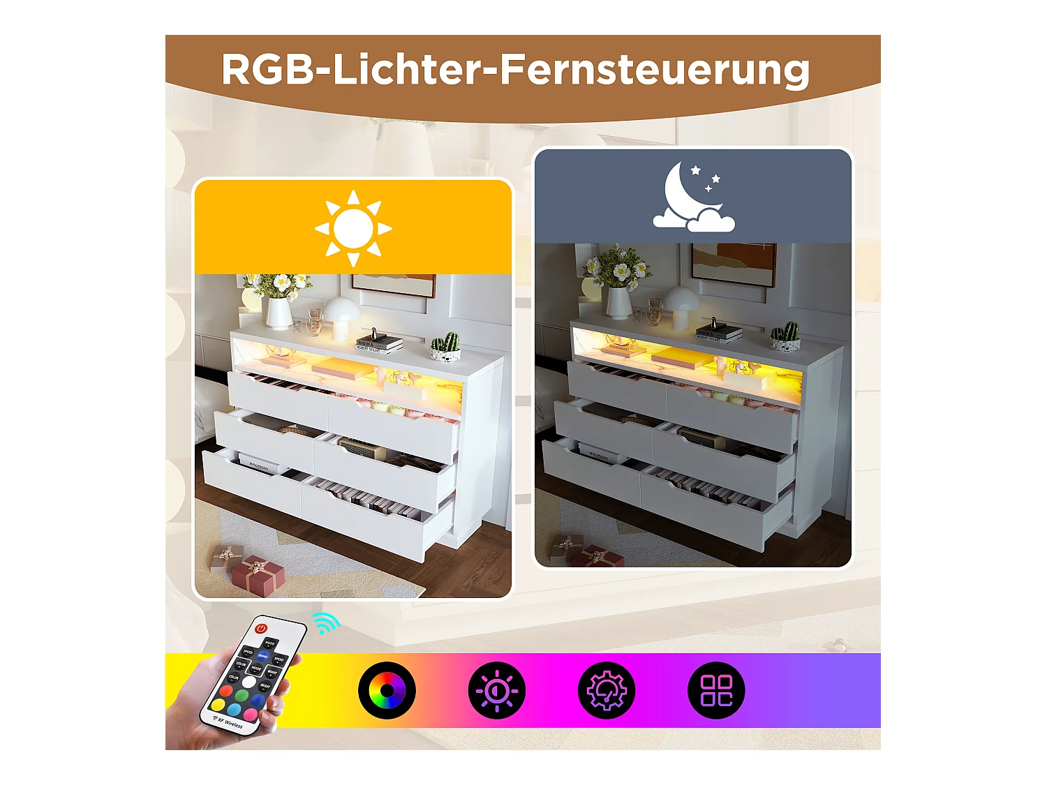 Commode avec 6 tiroirs - 120 x 40 x 85 cm - LEDs - Panneau de particules - pour salon et chambre - Blanc