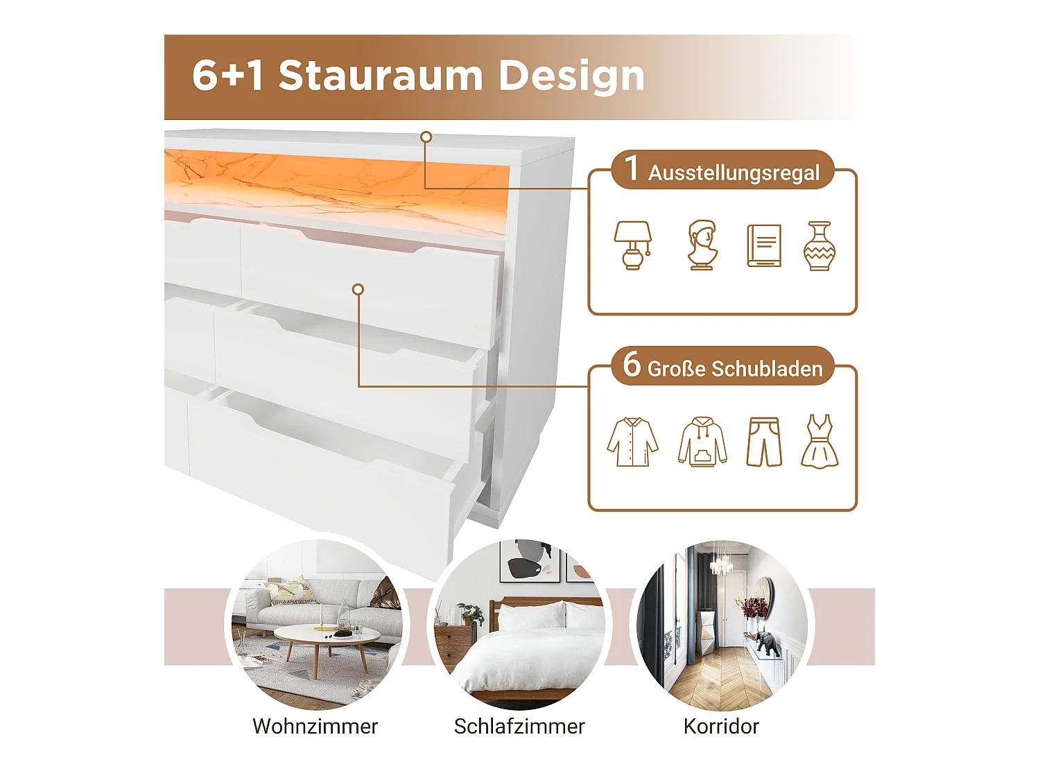 Commode avec 6 tiroirs - 120 x 40 x 85 cm - LEDs - Panneau de particules - pour salon et chambre - Blanc