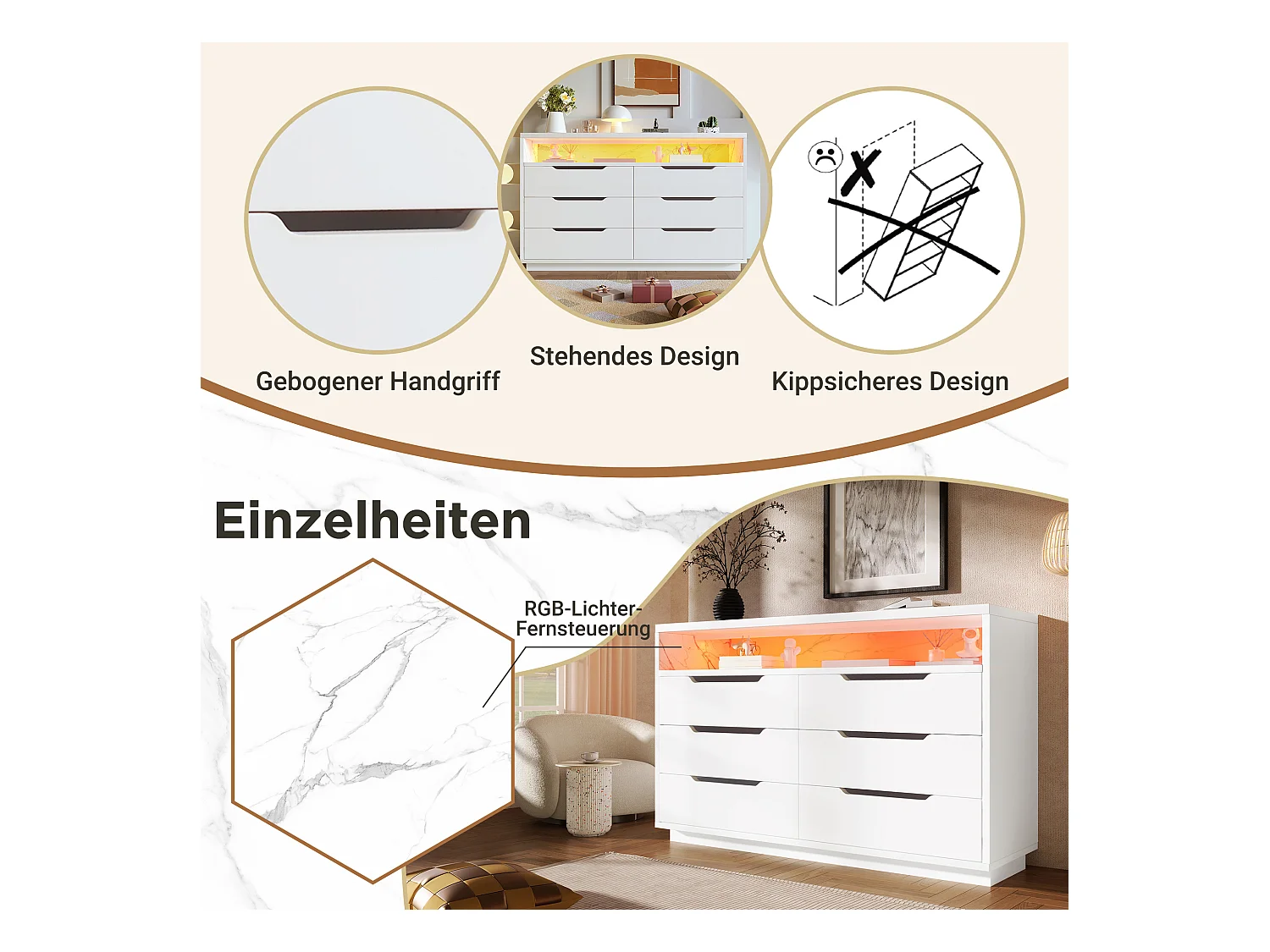 Commode avec 6 tiroirs - 120 x 40 x 85 cm - LEDs - Panneau de particules - pour salon et chambre - Blanc