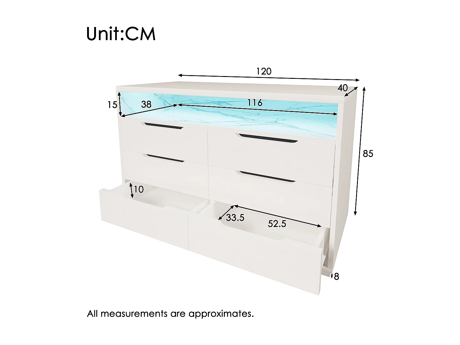 Commode avec 6 tiroirs - 120 x 40 x 85 cm - LEDs - Panneau de particules - pour salon et chambre - Blanc