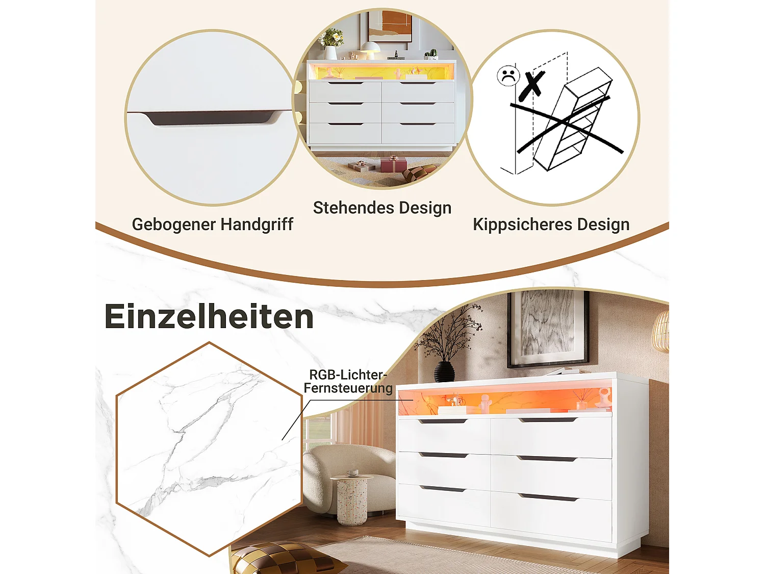 Commode avec 6 tiroirs - 120 x 40 x 85 cm - LEDs - Panneau de particules - pour salon et chambre - Blanc