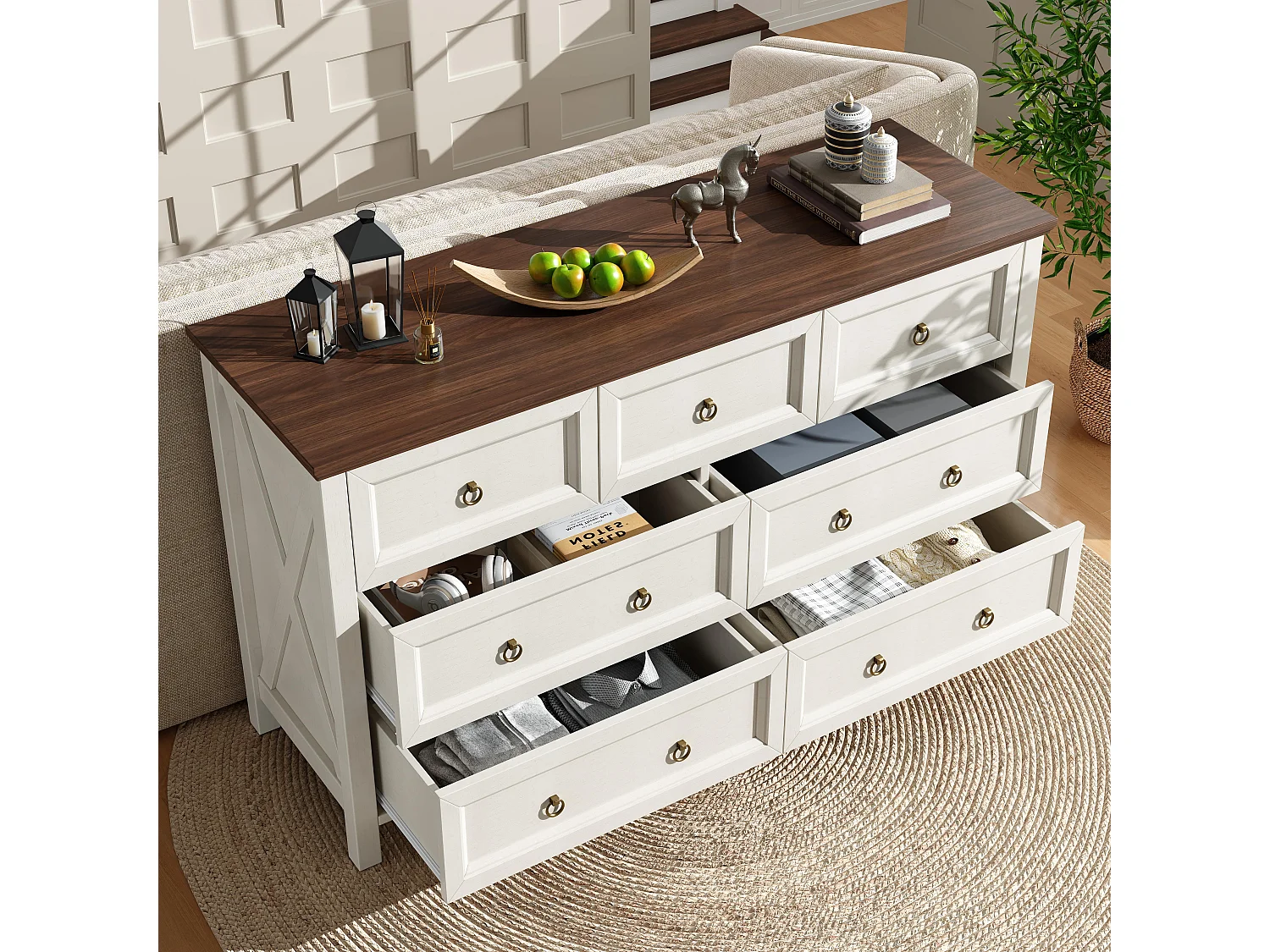 Cómoda moderna con 7 cajones, aparador - 137 x 40 x 79,5 cm - para dormitorio, salón - MDF - Color nogal + beige