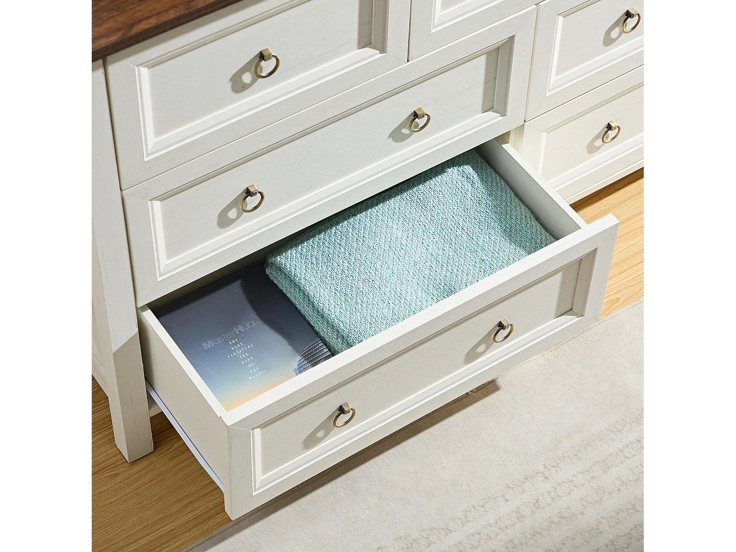 Cómoda moderna con 7 cajones, aparador - 137 x 40 x 79,5 cm - para dormitorio, salón - MDF - Color nogal + beige