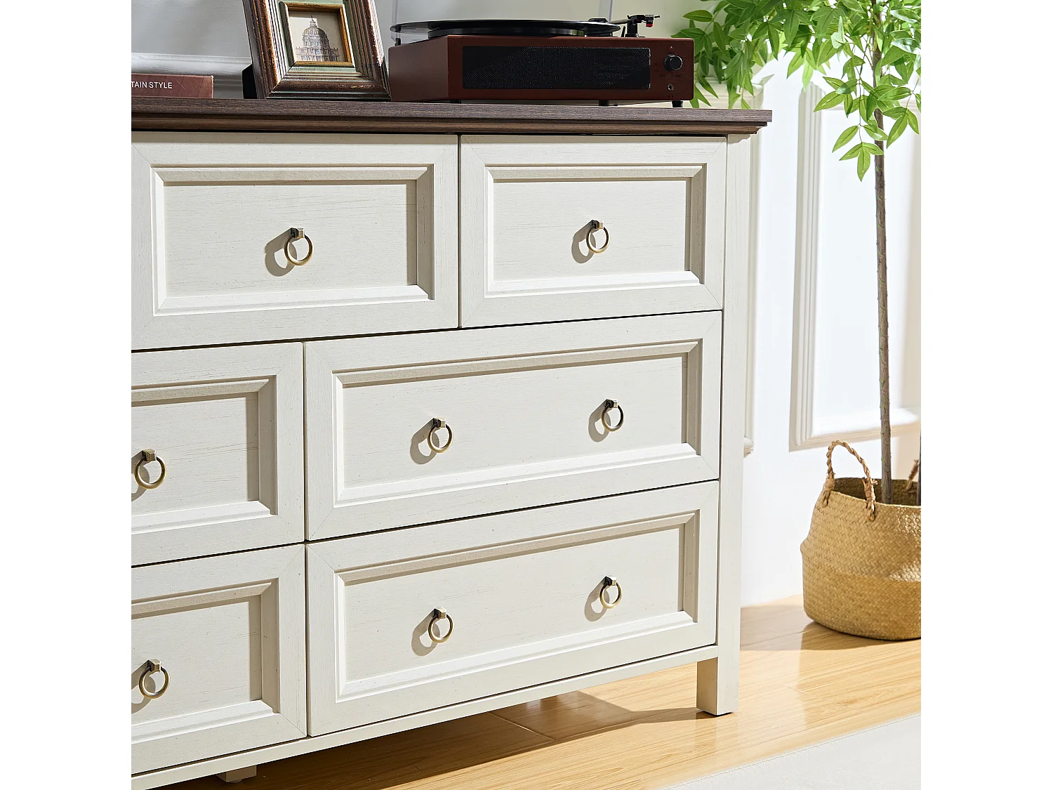 Cómoda moderna con 7 cajones, aparador - 137 x 40 x 79,5 cm - para dormitorio, salón - MDF - Color nogal + beige