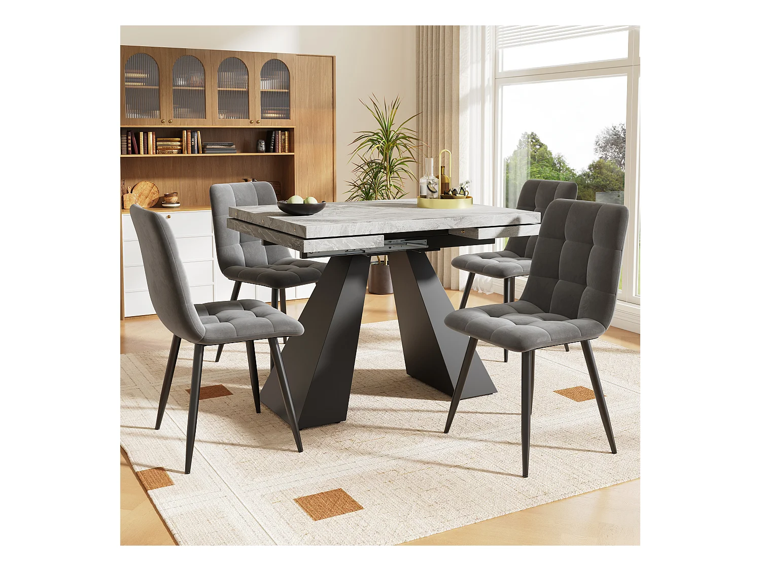 Eettafel + 4 fluwelen stoelen set - 140 x 80 x 75 cm - MDF + gouden metalen poten - Wit + beige