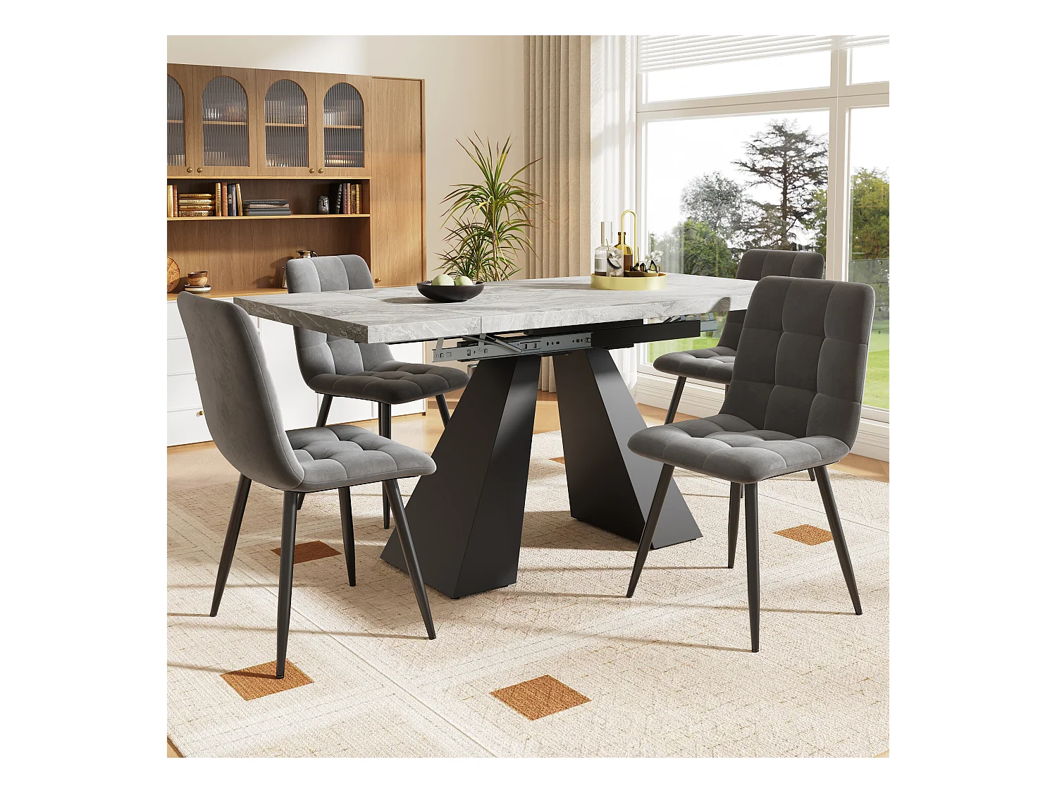 Ensemble table extensible + 4 chaises en velours - 159 x 80 x 75 cm - MDF + Pieds en métal - Gris