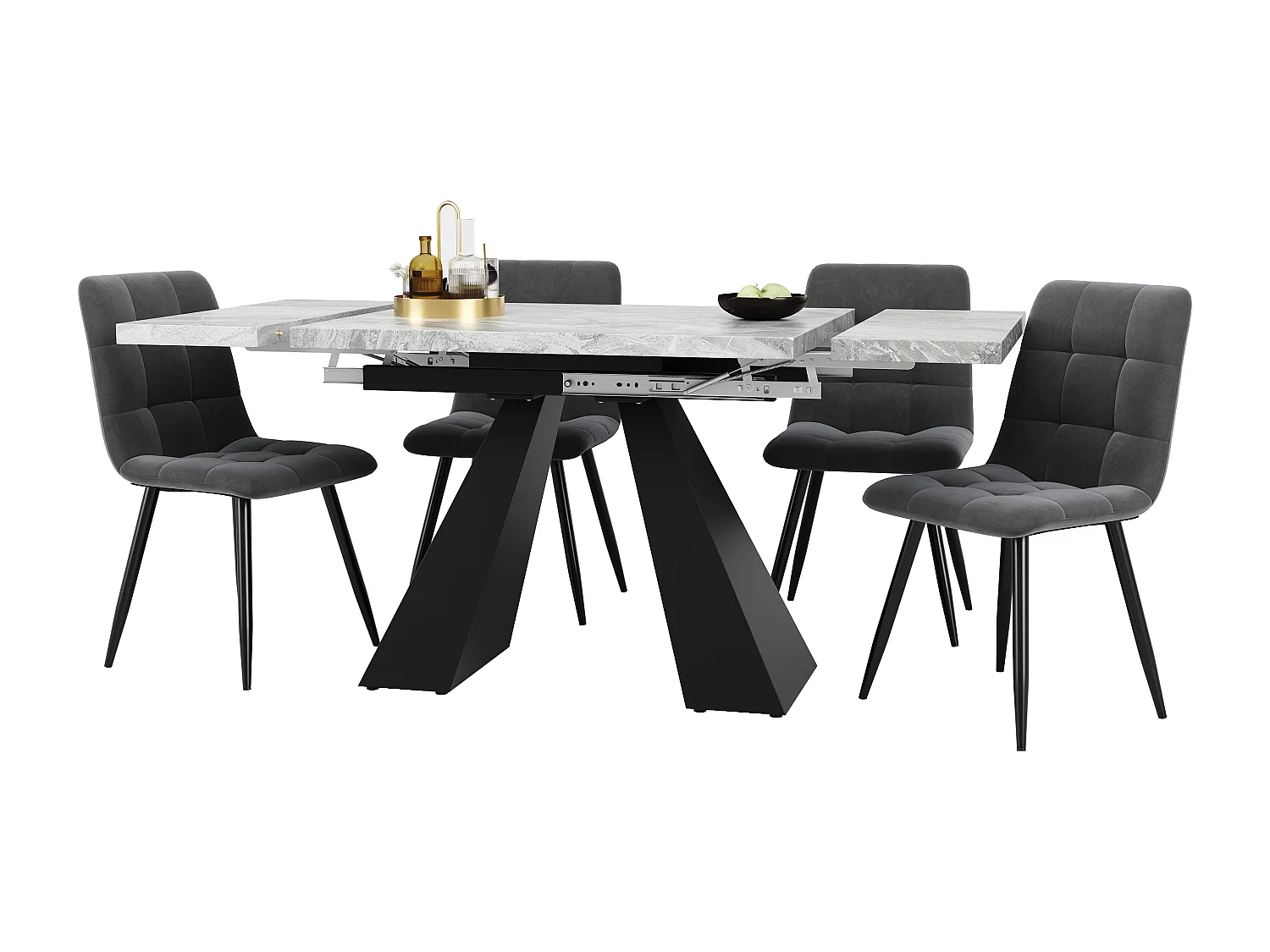Ensemble table extensible + 4 chaises en velours - 159 x 80 x 75 cm - MDF + Pieds en métal - Gris