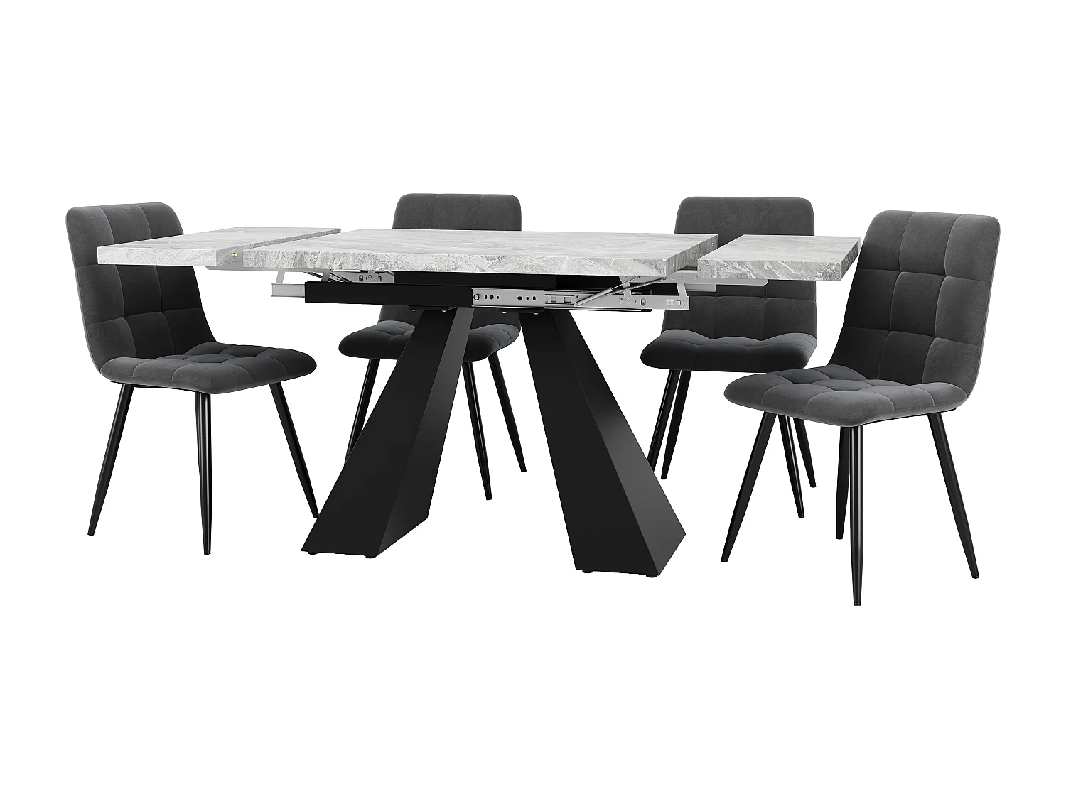 Ensemble table extensible + 4 chaises en velours - 159 x 80 x 75 cm - MDF + Pieds en métal - Gris