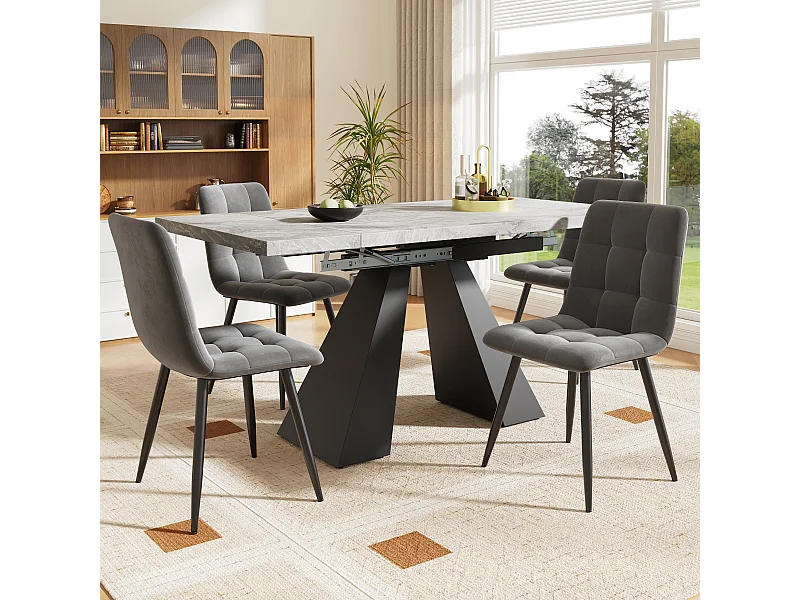 Ensemble table extensible + 4 chaises en velours - 159 x 80 x 75 cm - MDF + Pieds en métal - Gris