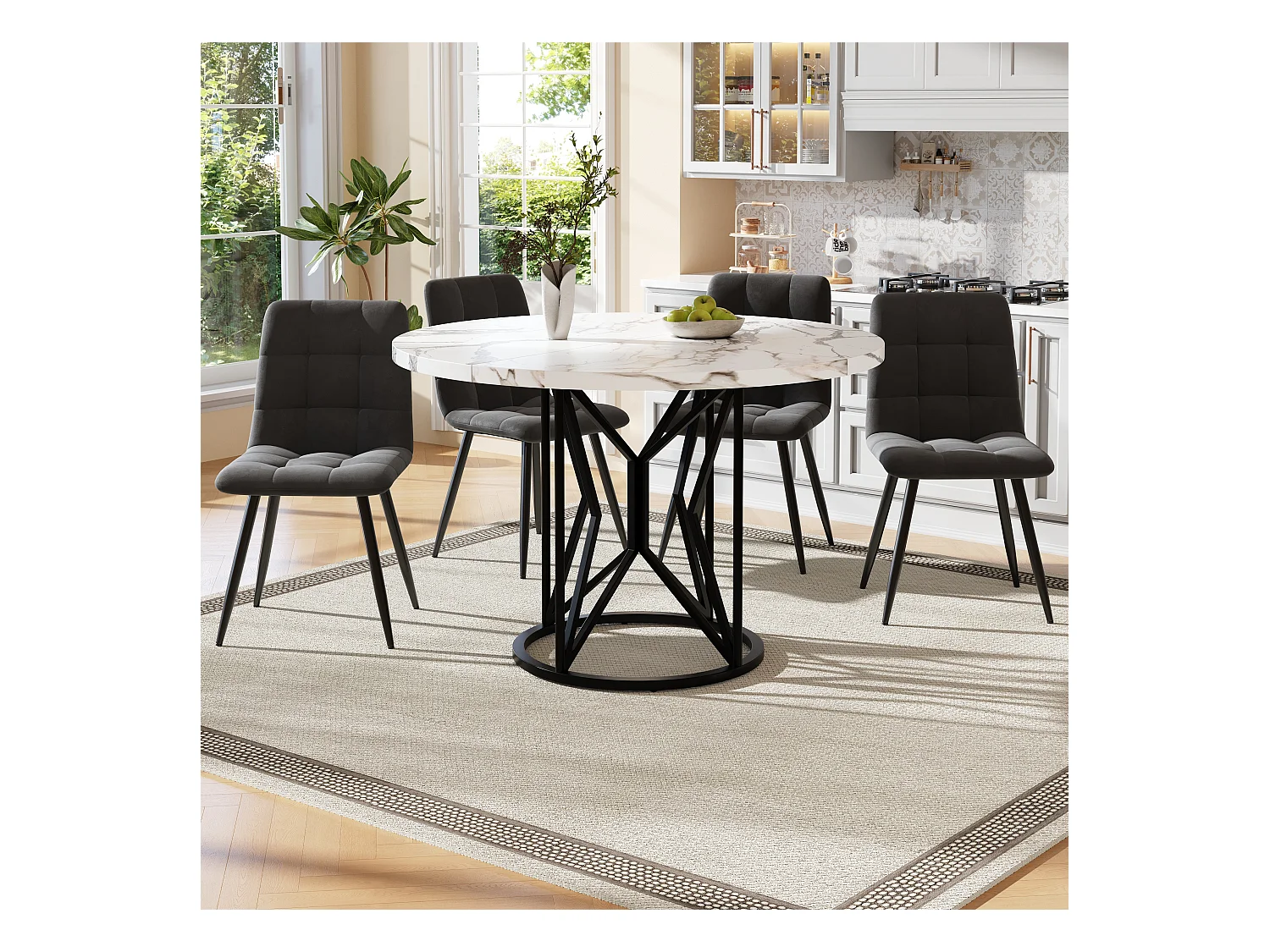 Eettafel + 4 fluwelen stoelen set - 140 x 80 x 75 cm - MDF + gouden metalen poten - Wit + beige