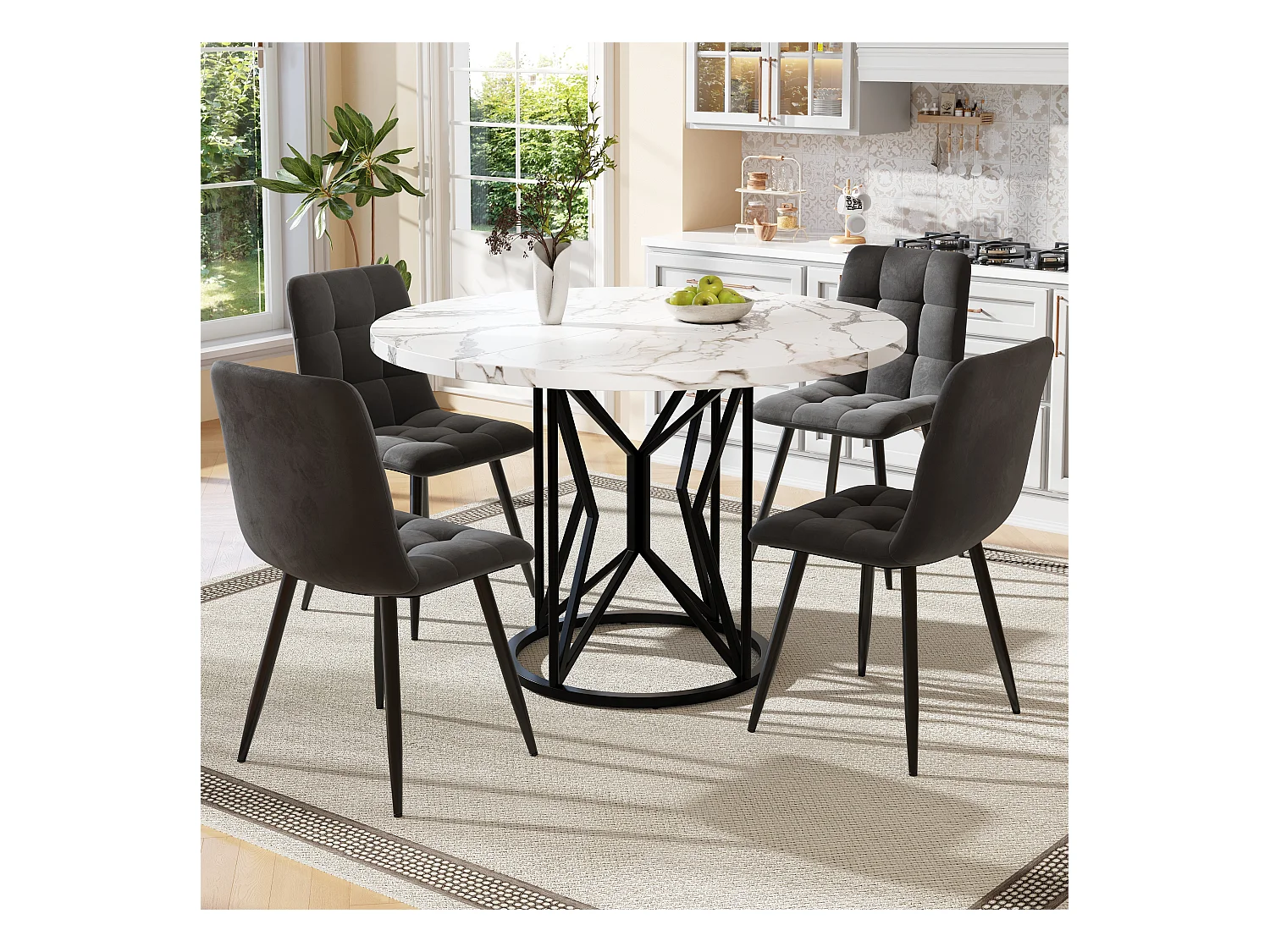 Ensemble table à manger ronde + 4 chaises en velours - D 100 x H 76 cm - MDF et métal - Blanc + gris