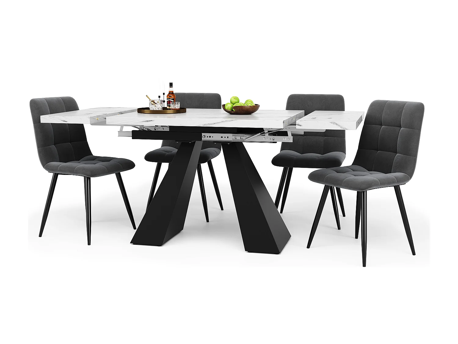 Ensemble table extensible + 4 chaises en velours - 159 x 80 x 75 cm - MDF + Pieds en métal - Blanc + gris