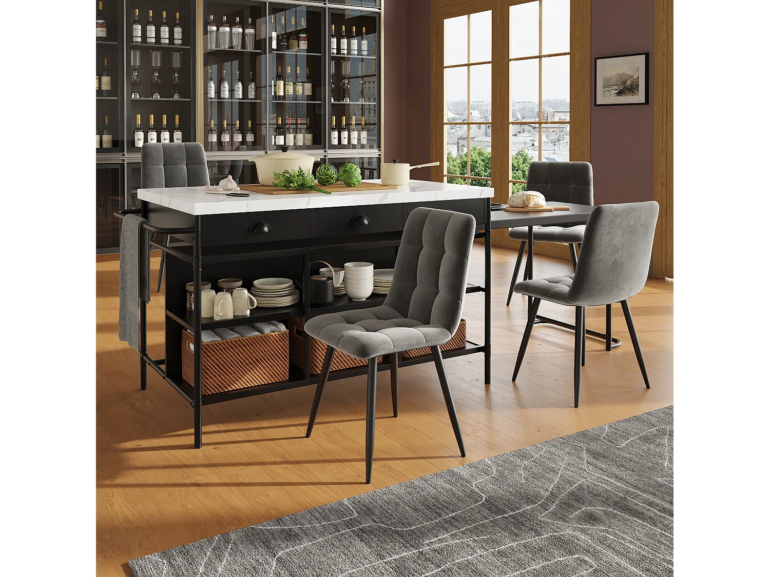 Set isola cucina con 4 sedie in velluto e tavolo da pranzo estensibile - 130/182,5 x 71,5 x 90 cm - MDF - Nero e bianco