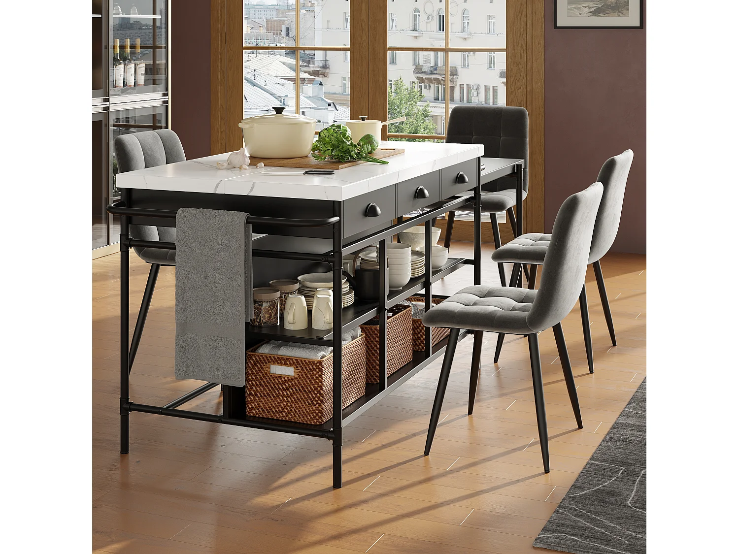 Set isola cucina con 4 sedie in velluto e tavolo da pranzo estensibile - 130/182,5 x 71,5 x 90 cm - MDF - Nero e bianco