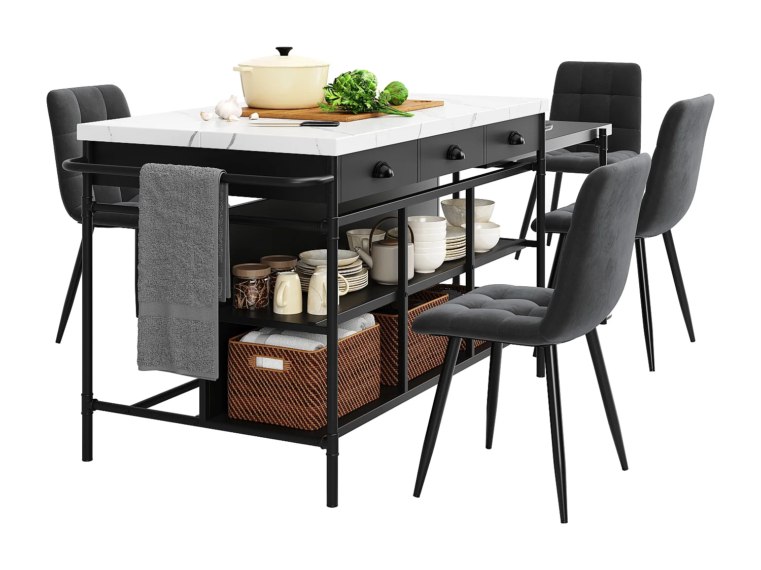 Set isola cucina con 4 sedie in velluto e tavolo da pranzo estensibile - 130/182,5 x 71,5 x 90 cm - MDF - Nero e bianco