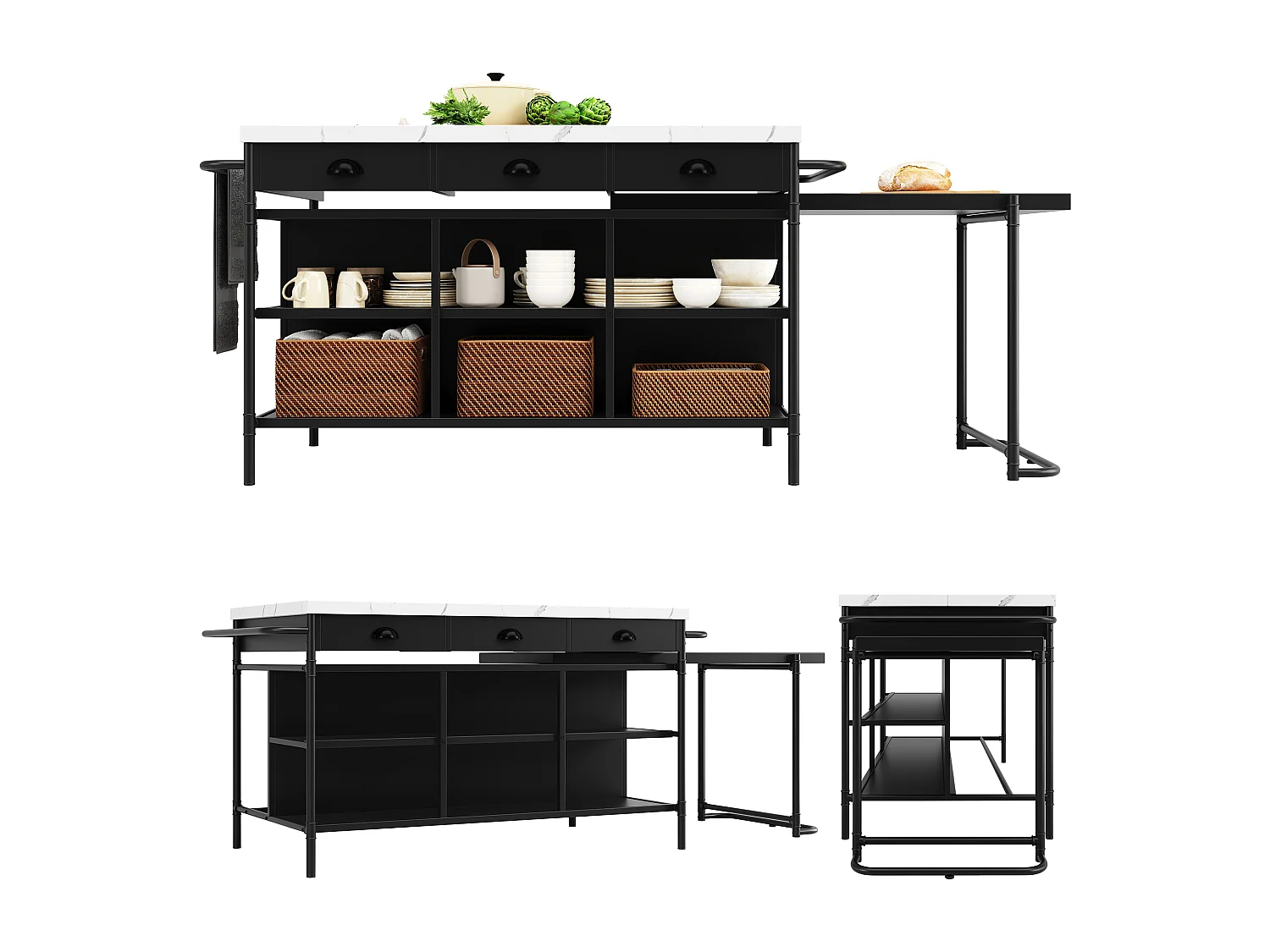 Set isola cucina con 4 sedie in velluto e tavolo da pranzo estensibile - 130/182,5 x 71,5 x 90 cm - MDF - Nero e bianco