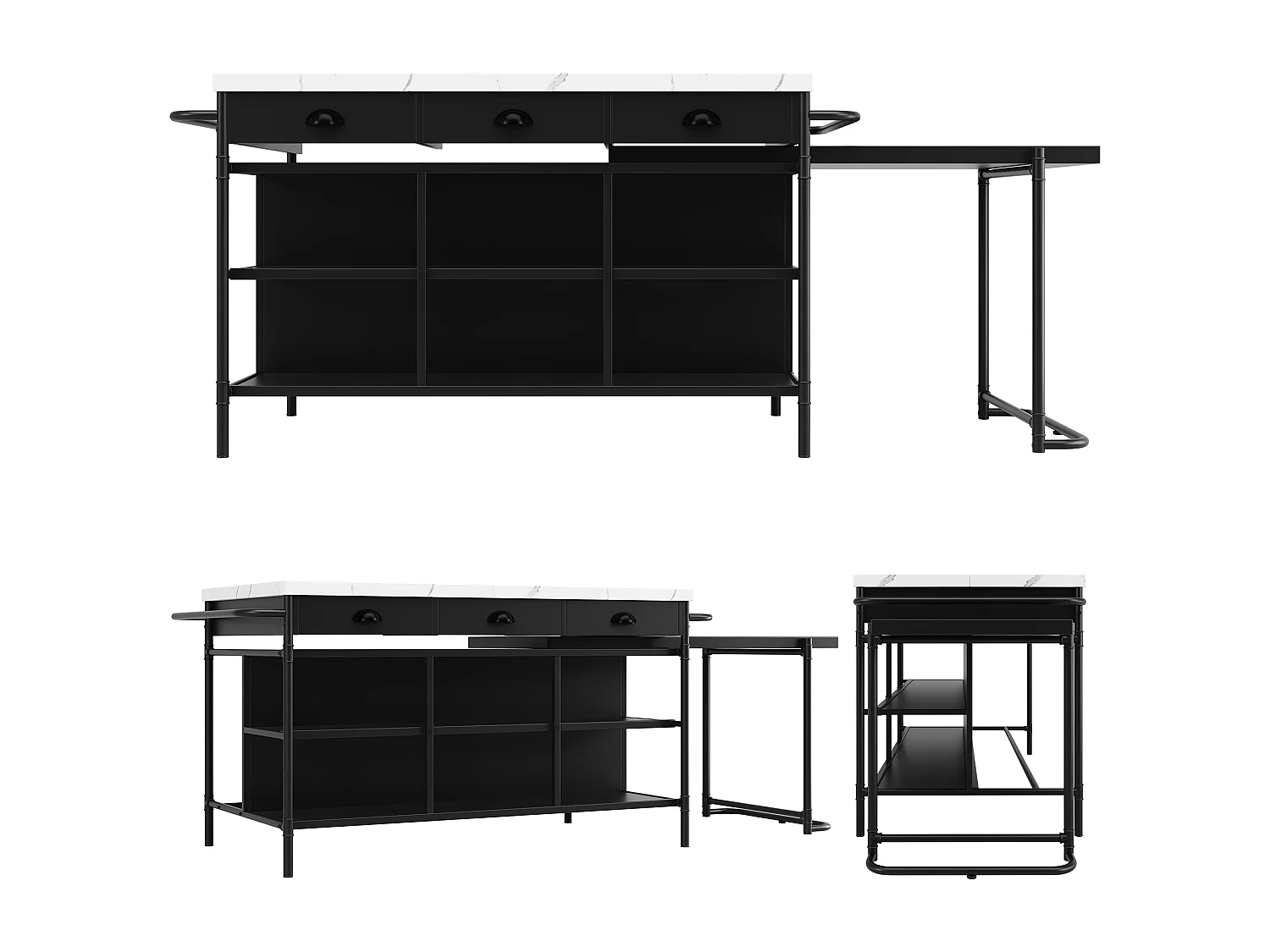 Set isola cucina con 4 sedie in velluto e tavolo da pranzo estensibile - 130/182,5 x 71,5 x 90 cm - MDF - Nero e bianco