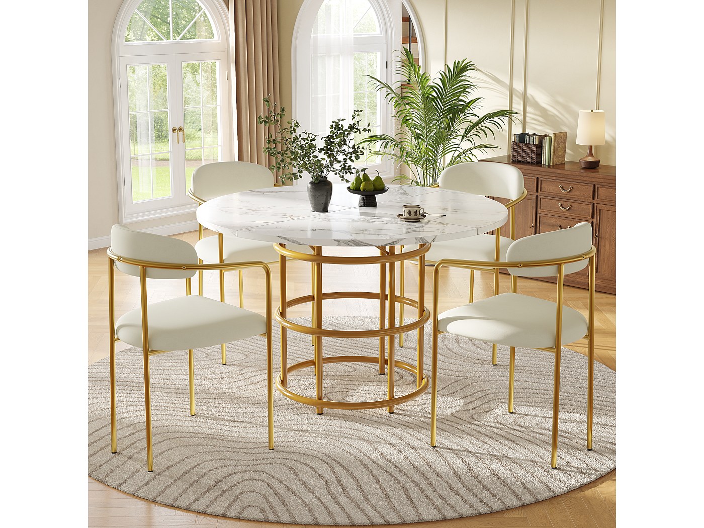 Ensemble Table à Manger Ronde + 4 Chaises Blanches - Table MDF 80x80 Cm, Chaises Bois Hêtre, Style Moderne