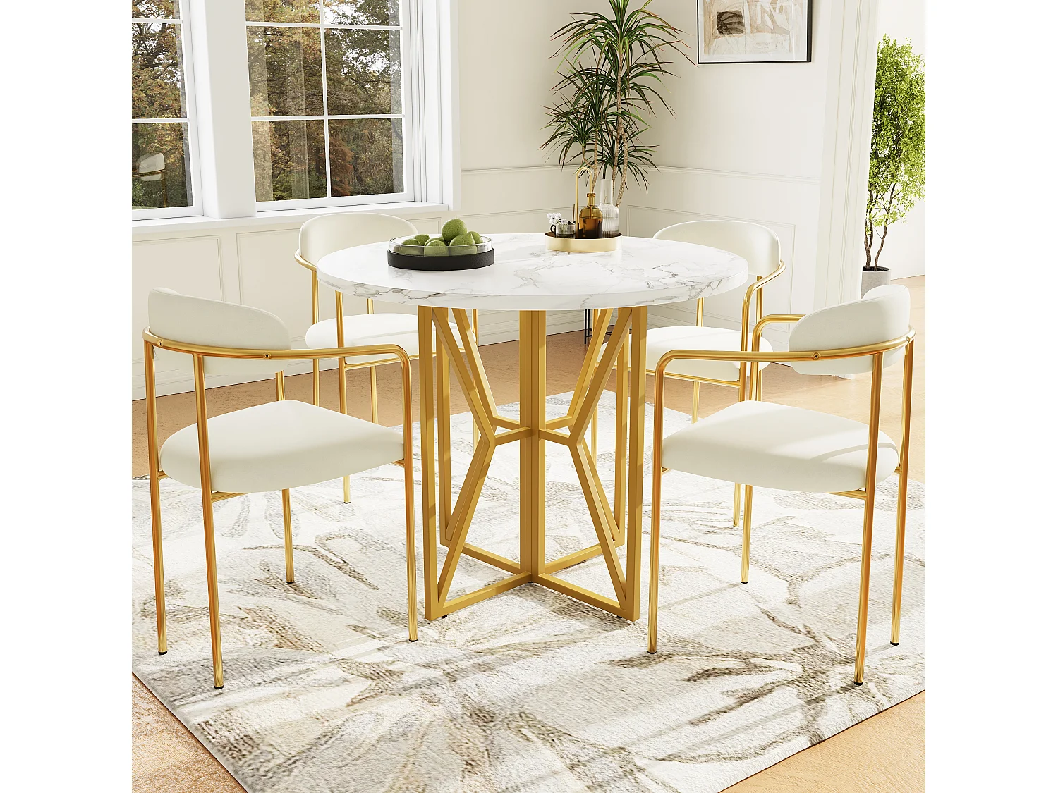 Ensemble table à manger ronde + 4 chaises en velours - D80 x H76 cm - MDF et pièds en métal doré - Effet marbre - Beige