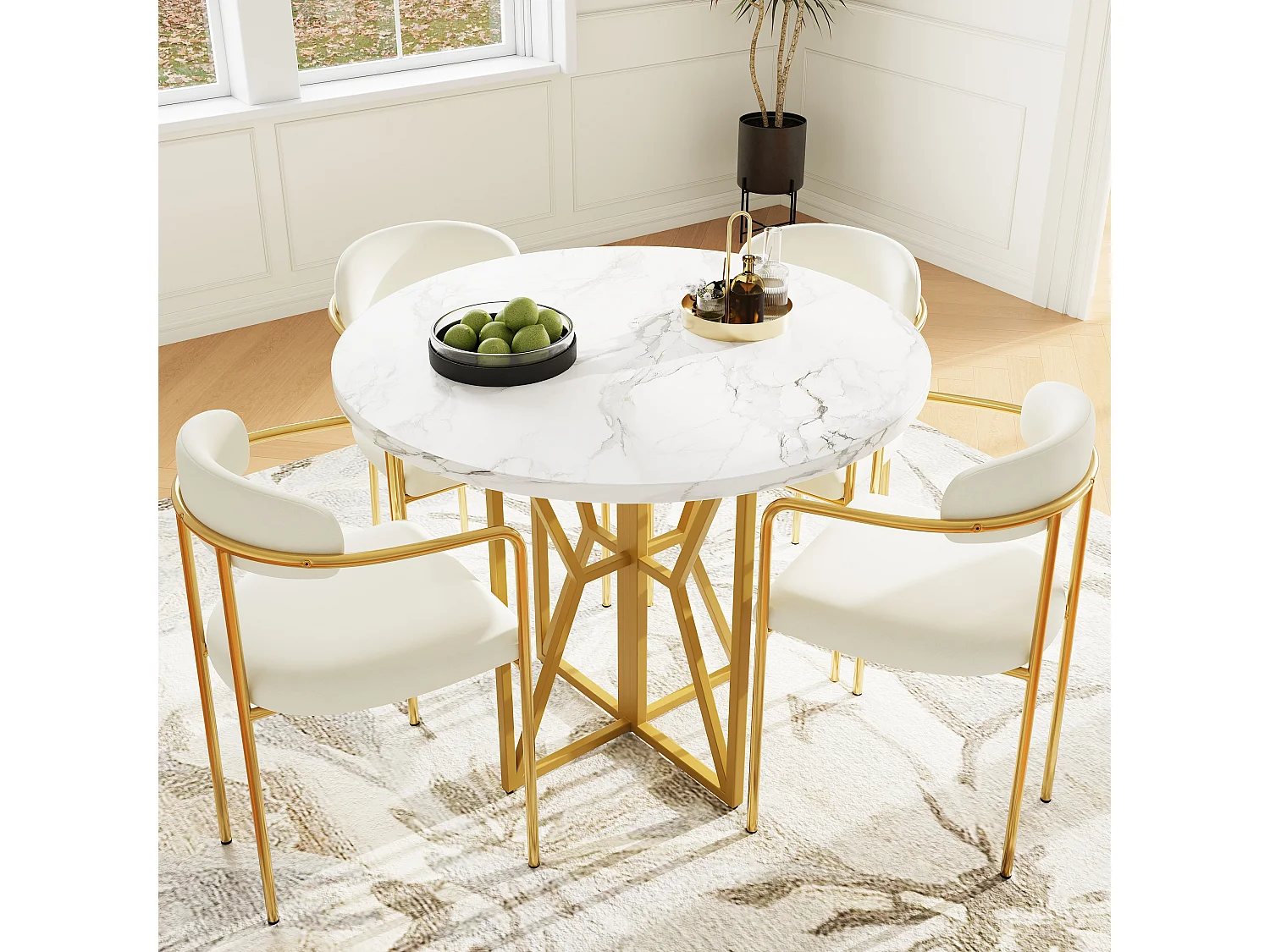 Ensemble table à manger ronde + 4 chaises en velours - D80 x H76 cm - MDF et pièds en métal doré - Effet marbre - Beige
