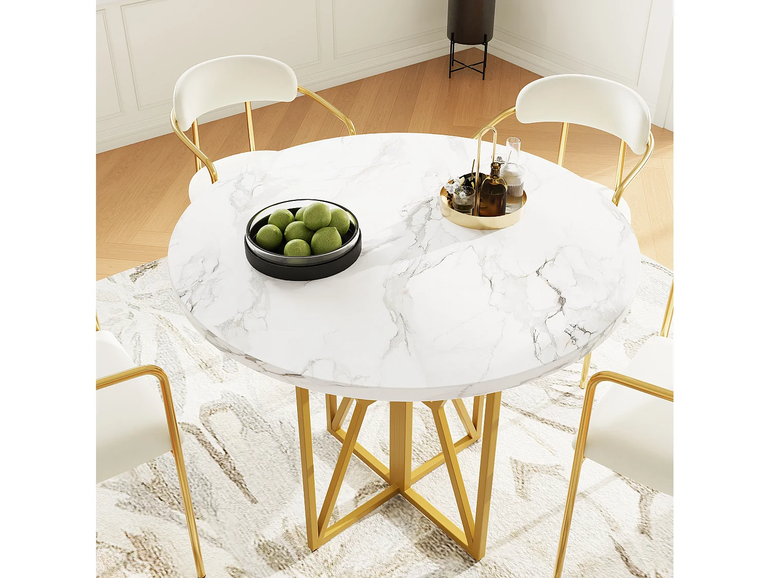 Ensemble table à manger ronde + 4 chaises en velours - D80 x H76 cm - MDF et pièds en métal doré - Effet marbre - Beige