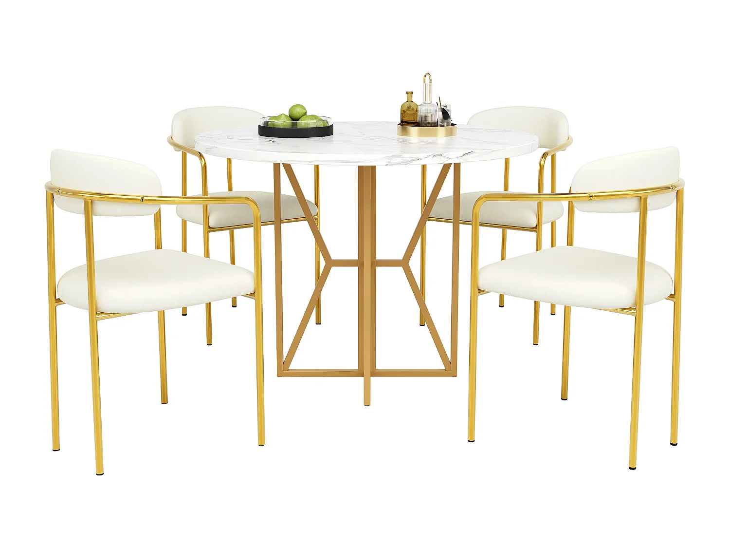 Ensemble table à manger ronde + 4 chaises en velours - D80 x H76 cm - MDF et pièds en métal doré - Effet marbre - Beige