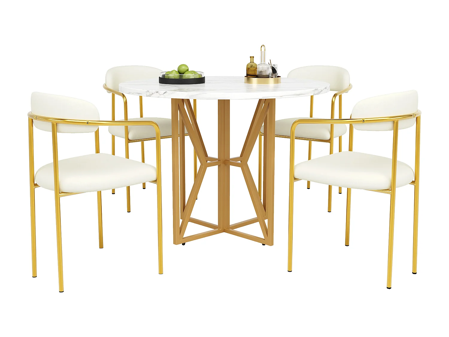 Ensemble table à manger ronde + 4 chaises en velours - D80 x H76 cm - MDF et pièds en métal doré - Effet marbre - Beige