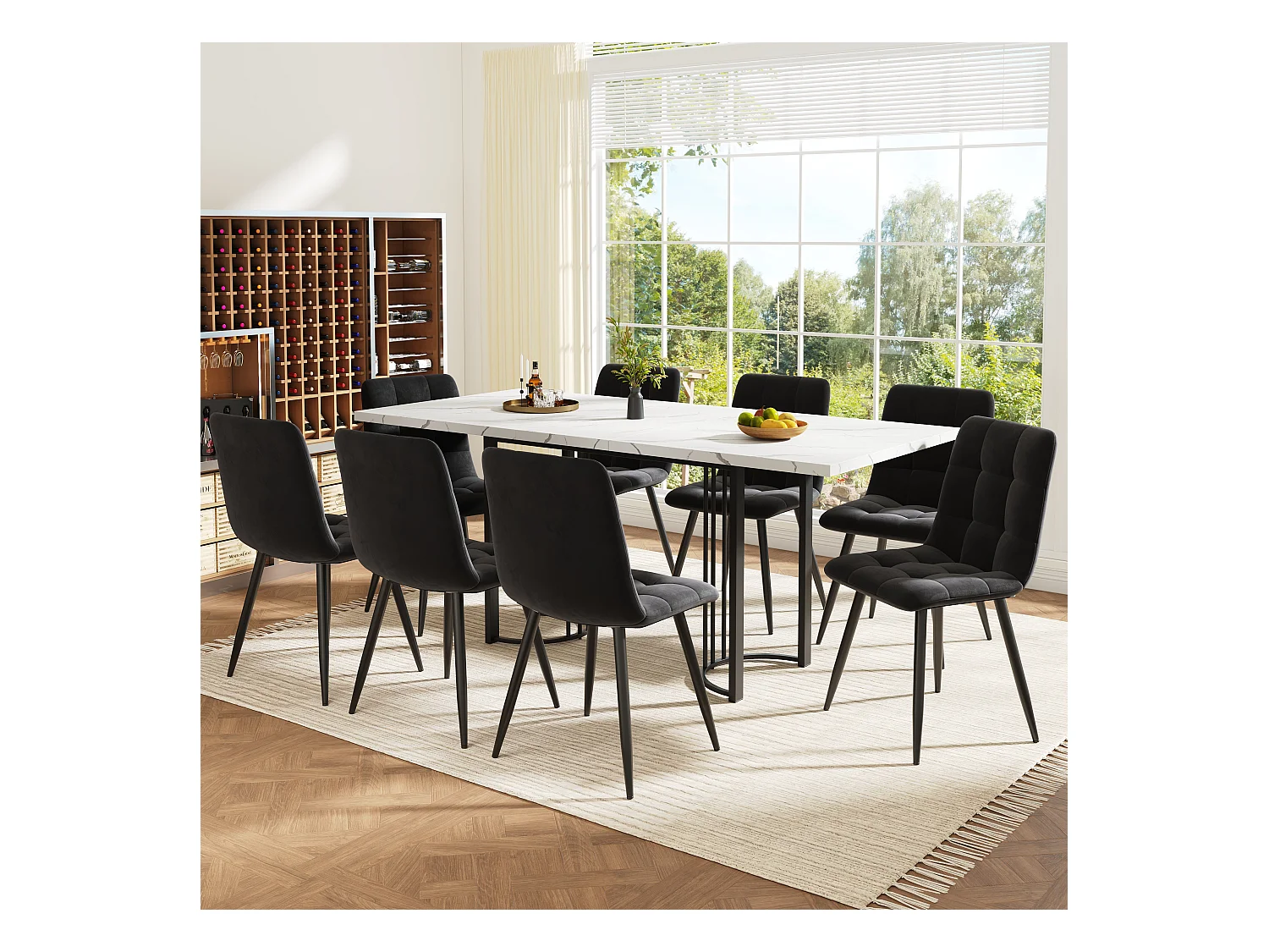 Ensemble table extensible + 8 chaises en velours - 140/179.5 x 80 x 75.5 cm - MDF + Pieds en métal - Blanc + noir