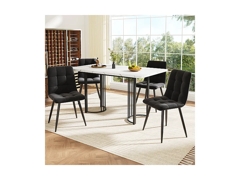 Ensemble table extensible + 4 chaises en velours - 140/179.5 x 80 x 75.5 cm - MDF + Pieds en métal - Blanc + noir