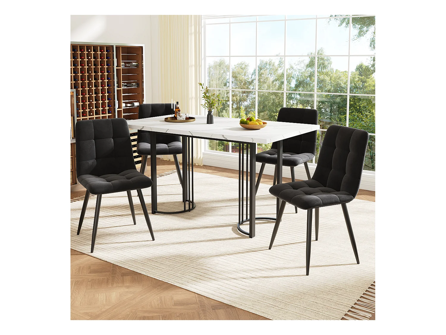 Ensemble table extensible + 4 chaises en velours - 140/179.5 x 80 x 75.5 cm - MDF + Pieds en métal - Blanc + noir