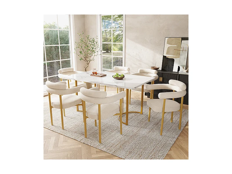 Esstisch-Set + 6 Samtstühle - 140 x 80 x 75 cm - MDF + goldene Metallbeine - Beige