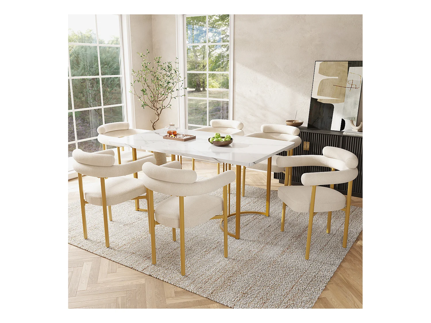 Esstisch-Set + 6 Samtstühle - 140 x 80 x 75 cm - MDF + goldene Metallbeine - Beige