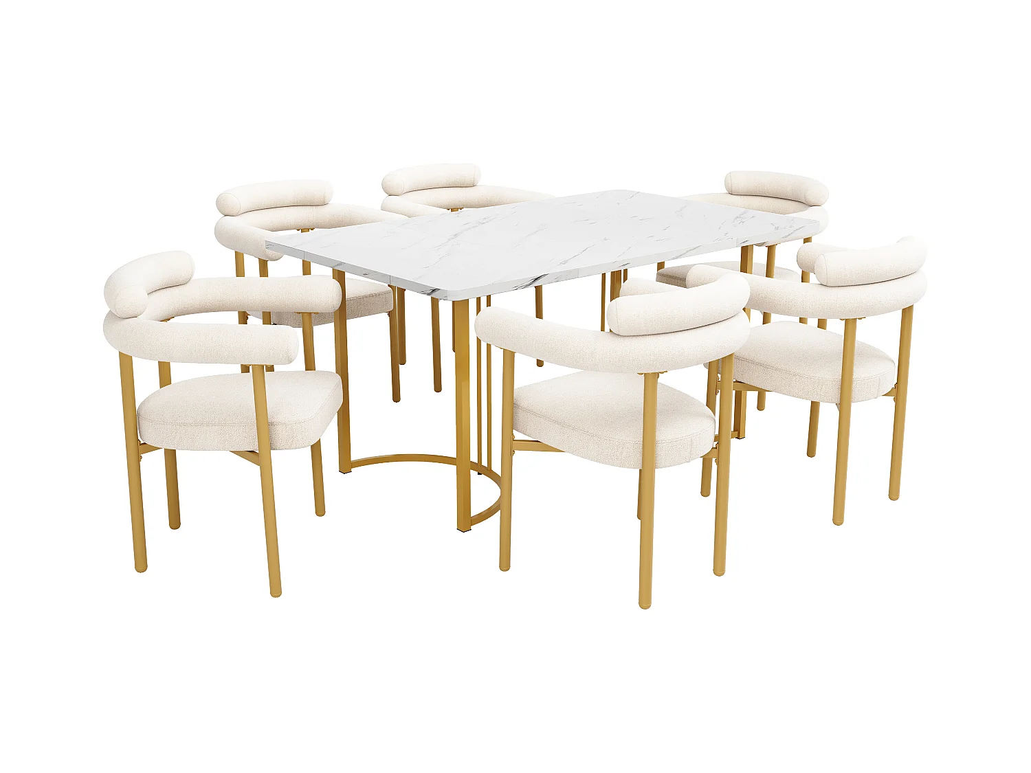 Esstisch-Set + 6 Samtstühle - 140 x 80 x 75 cm - MDF + goldene Metallbeine - Beige