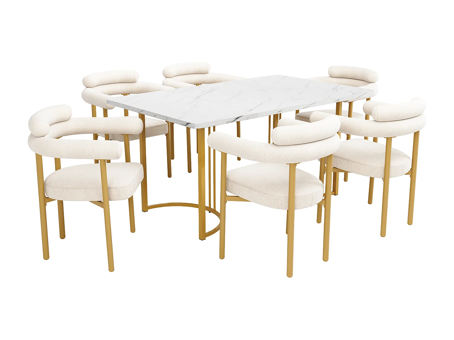 Set tavolo da pranzo + 6 sedie in velluto - 140 x 80 x 75 cm - MDF + gambe in metallo dorato - Beige