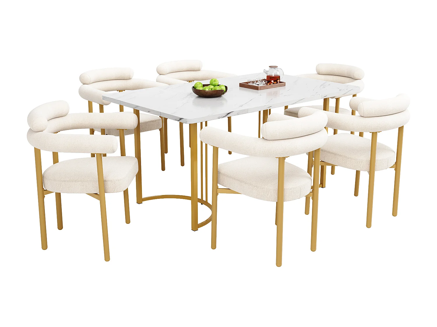 Set tavolo da pranzo + 6 sedie in velluto - 140 x 80 x 75 cm - MDF + gambe in metallo dorato - Beige